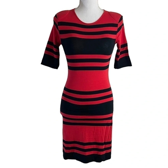 French Connection Black and Red Striped Bodycon Stretch Dress Size 4 Keyhole - Picture 1 of 8